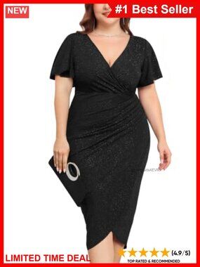Plus Size Glitter Ruched Bodycon Midi Dress Wrap V-Neck Ruffle Sleeve Cocktail